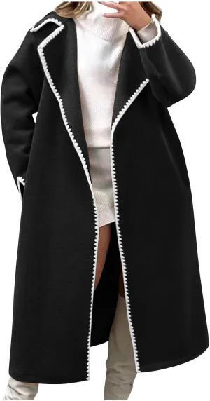 Long Trench Coats for Women Casual Winter Notched Lapel Open Front Pea Coat Wool Blend Comfy Over Coats With Pockets