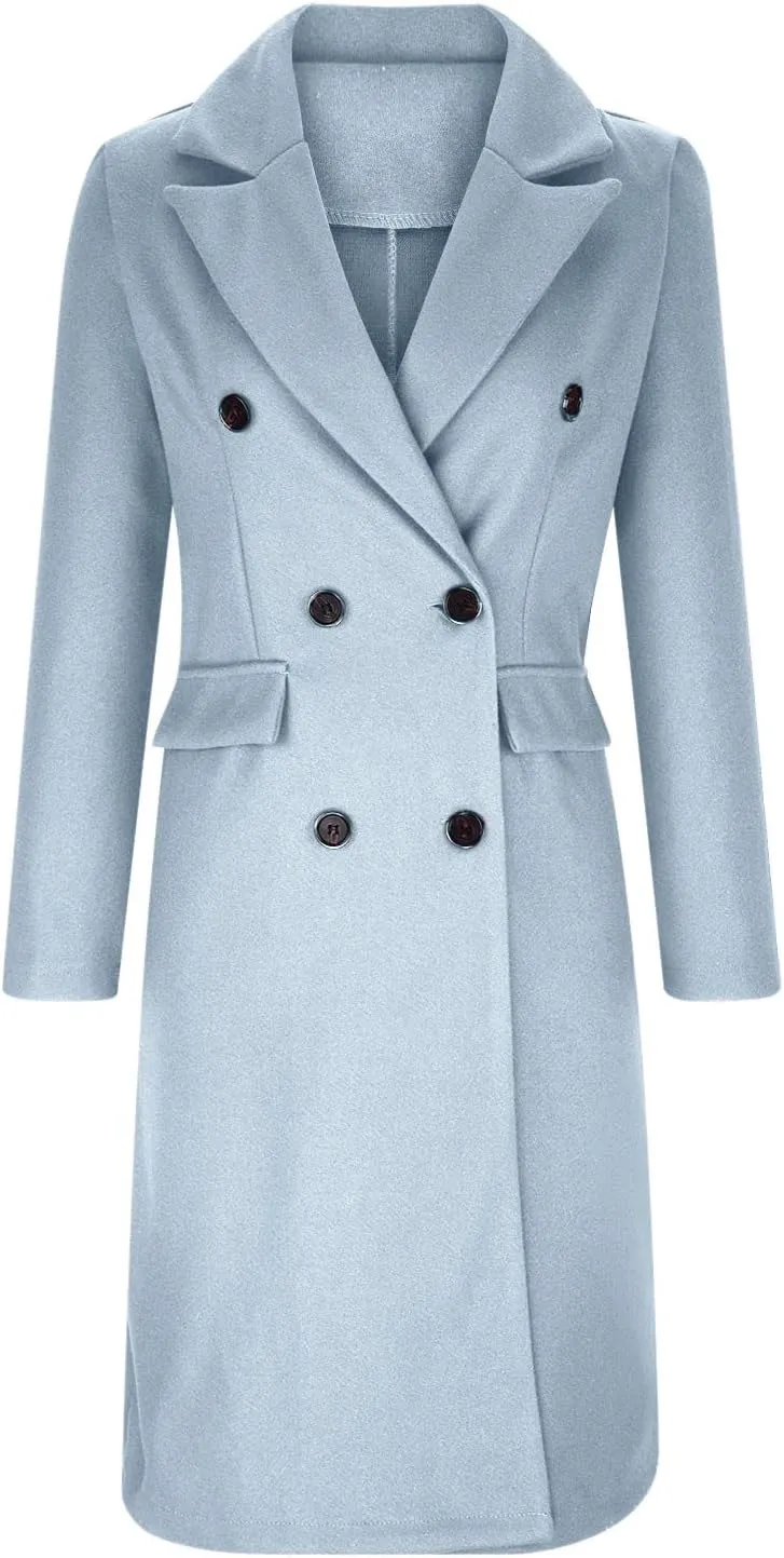 Long Winter Coats for Women Double-Breasted Classic Lapel Outerwear Casual Trench Coat Windbreaker Solid Jackets