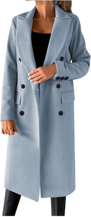 Long Winter Coats for Women Double-Breasted Classic Lapel Outerwear Casual Trench Coat Windbreaker Solid Jackets