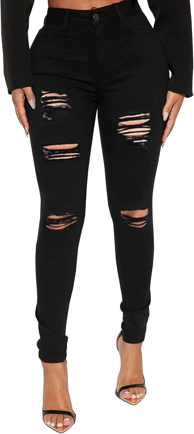 LONGBIDA High Waisted Ripped Skinny Jeans for Women Slim Fit Stretchy Distressed Jeans Y2K Destroyed Ankle Denim Pants