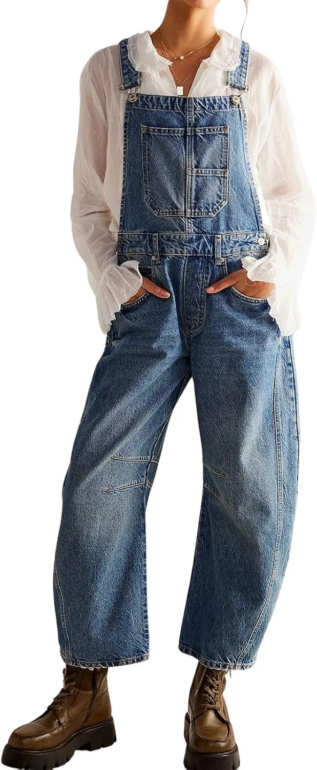 loveimgs Women Y2k Baggy Barrel Jeans Overalls Wide Leg Denim Pants Bib Overalls Jumpsuit Boyfriend Patchwork Jeans