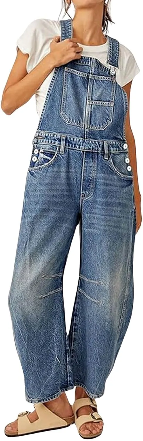 loveimgs Women Y2k Baggy Barrel Jeans Overalls Wide Leg Denim Pants Bib Overalls Jumpsuit Boyfriend Patchwork Jeans