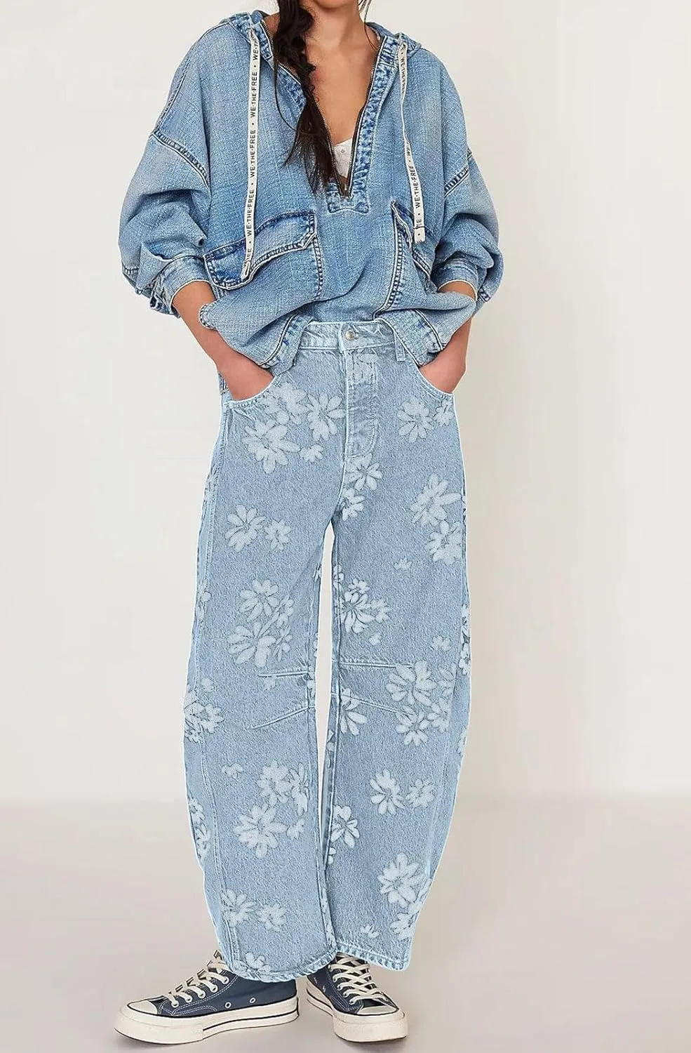 loveimgs Women Y2k Distressed Barrel Jeans Baggy Wide Leg Jeans Floral Printed Boyfriend Patchwork Denim Pants