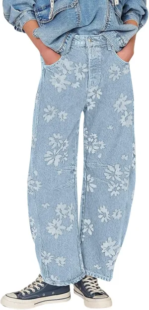loveimgs Women Y2k Distressed Barrel Jeans Baggy Wide Leg Jeans Floral Printed Boyfriend Patchwork Denim Pants