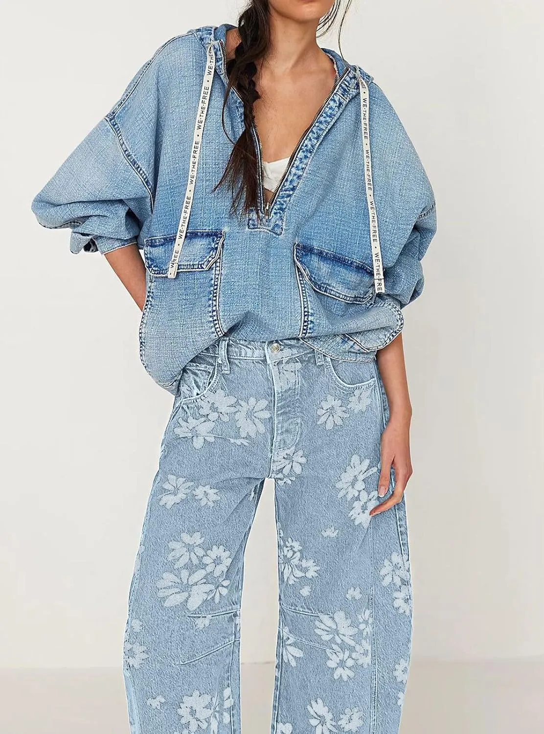 loveimgs Women Y2k Distressed Barrel Jeans Baggy Wide Leg Jeans Floral Printed Boyfriend Patchwork Denim Pants