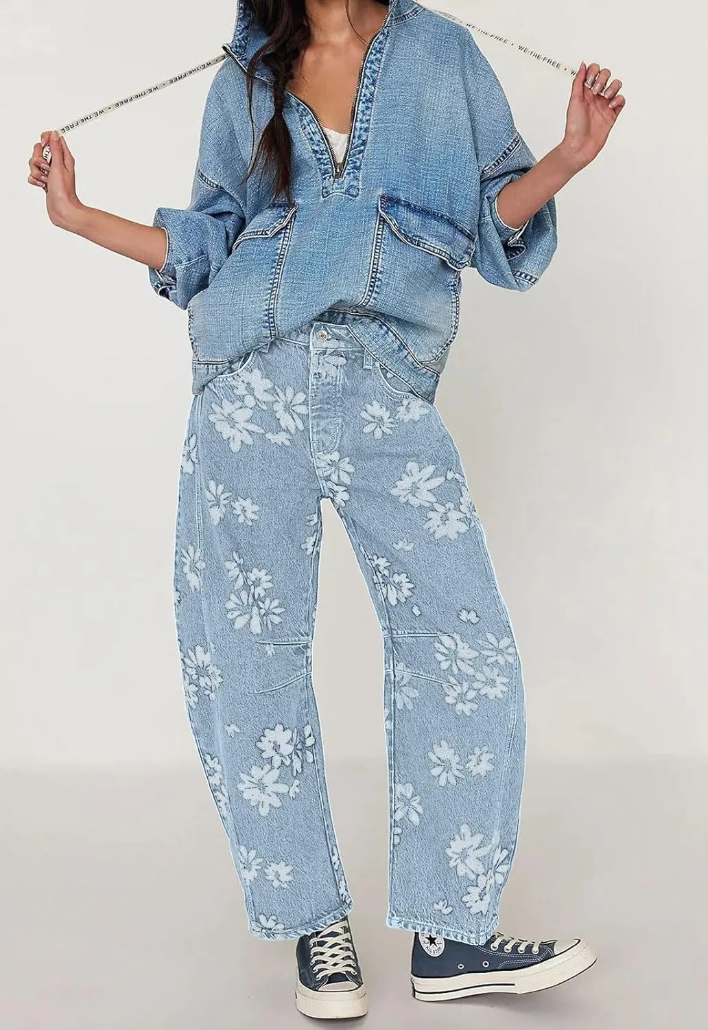 loveimgs Women Y2k Distressed Barrel Jeans Baggy Wide Leg Jeans Floral Printed Boyfriend Patchwork Denim Pants