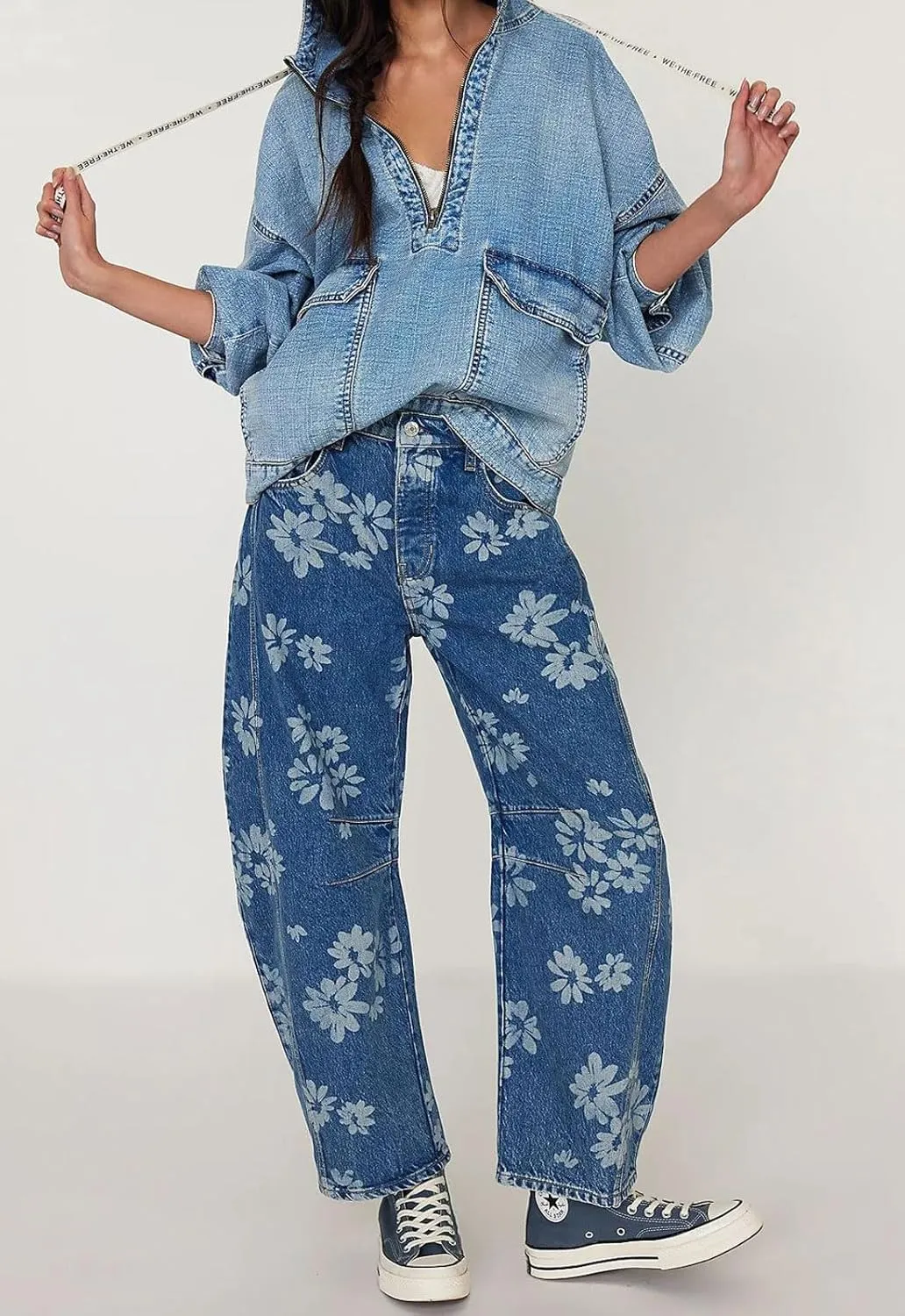 loveimgs Women Y2k Distressed Barrel Jeans Baggy Wide Leg Jeans Floral Printed Boyfriend Patchwork Denim Pants