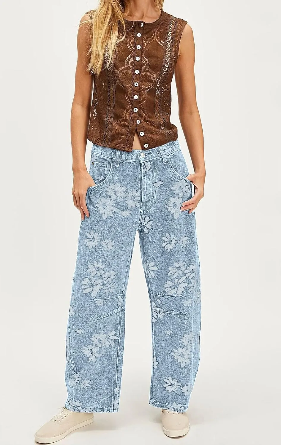 loveimgs Women Y2k Distressed Barrel Jeans Baggy Wide Leg Jeans Floral Printed Boyfriend Patchwork Denim Pants