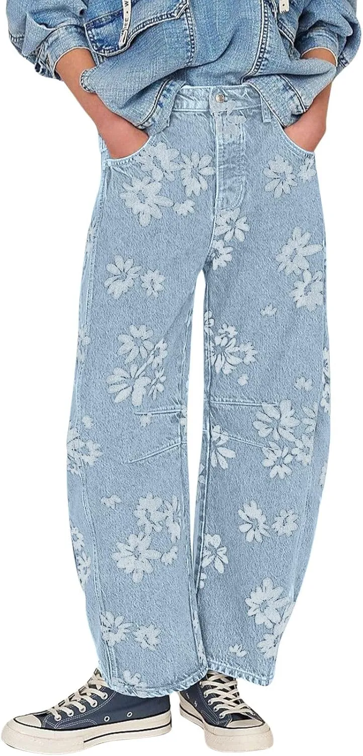 loveimgs Women Y2k Distressed Barrel Jeans Baggy Wide Leg Jeans Floral Printed Boyfriend Patchwork Denim Pants