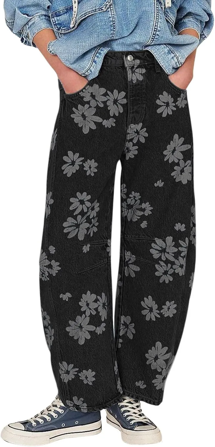 loveimgs Women Y2k Distressed Barrel Jeans Baggy Wide Leg Jeans Floral Printed Boyfriend Patchwork Denim Pants