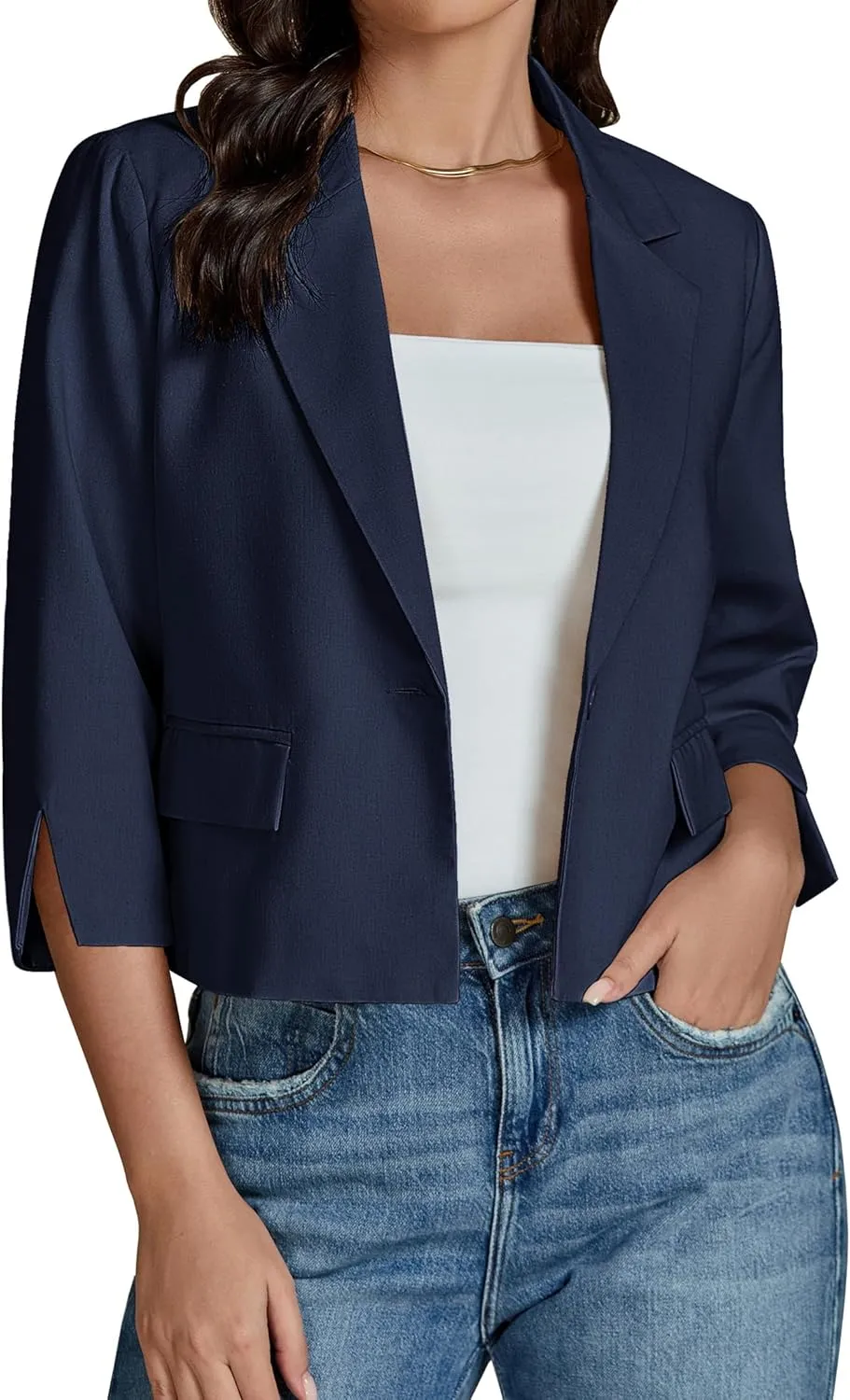 luvamia Linen Blazers for Women Business Casual Cropped 3/4 Sleeve Lightweight Lined Work Office Suit Blazer Jackets