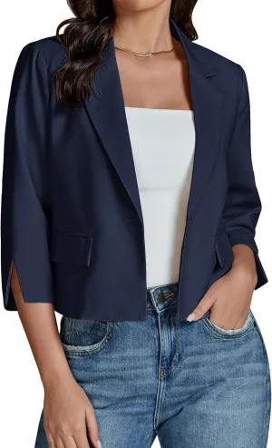 luvamia Linen Blazers for Women Business Casual Cropped 3/4 Sleeve Lightweight Lined Work Office Suit Blazer Jackets