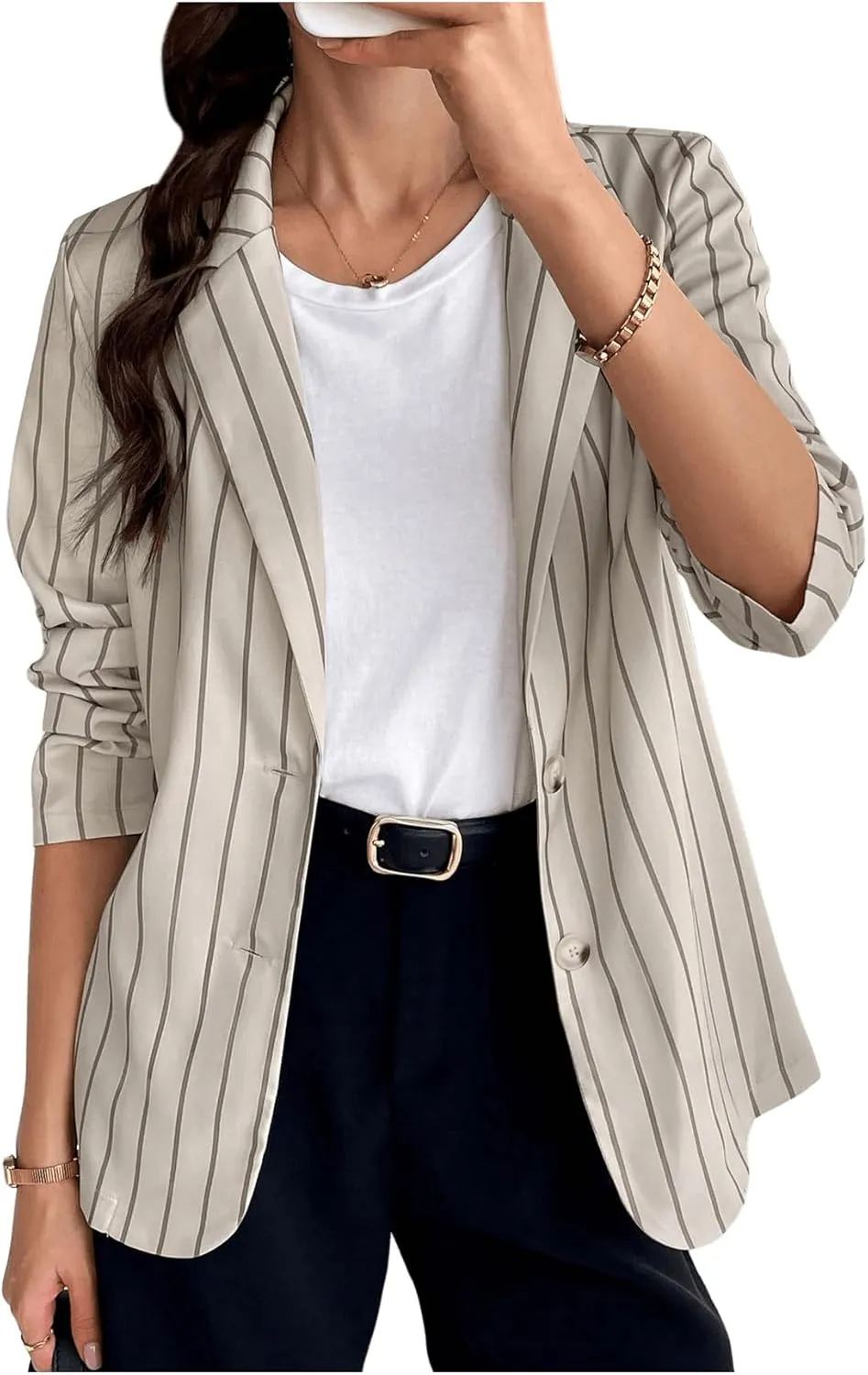 MakeMeChic Women's Striped Print Lapel Button Long Sleeve Office Blazers Jacket