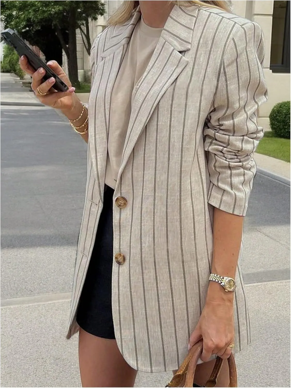 MakeMeChic Women's Striped Print Lapel Button Long Sleeve Office Blazers Jacket