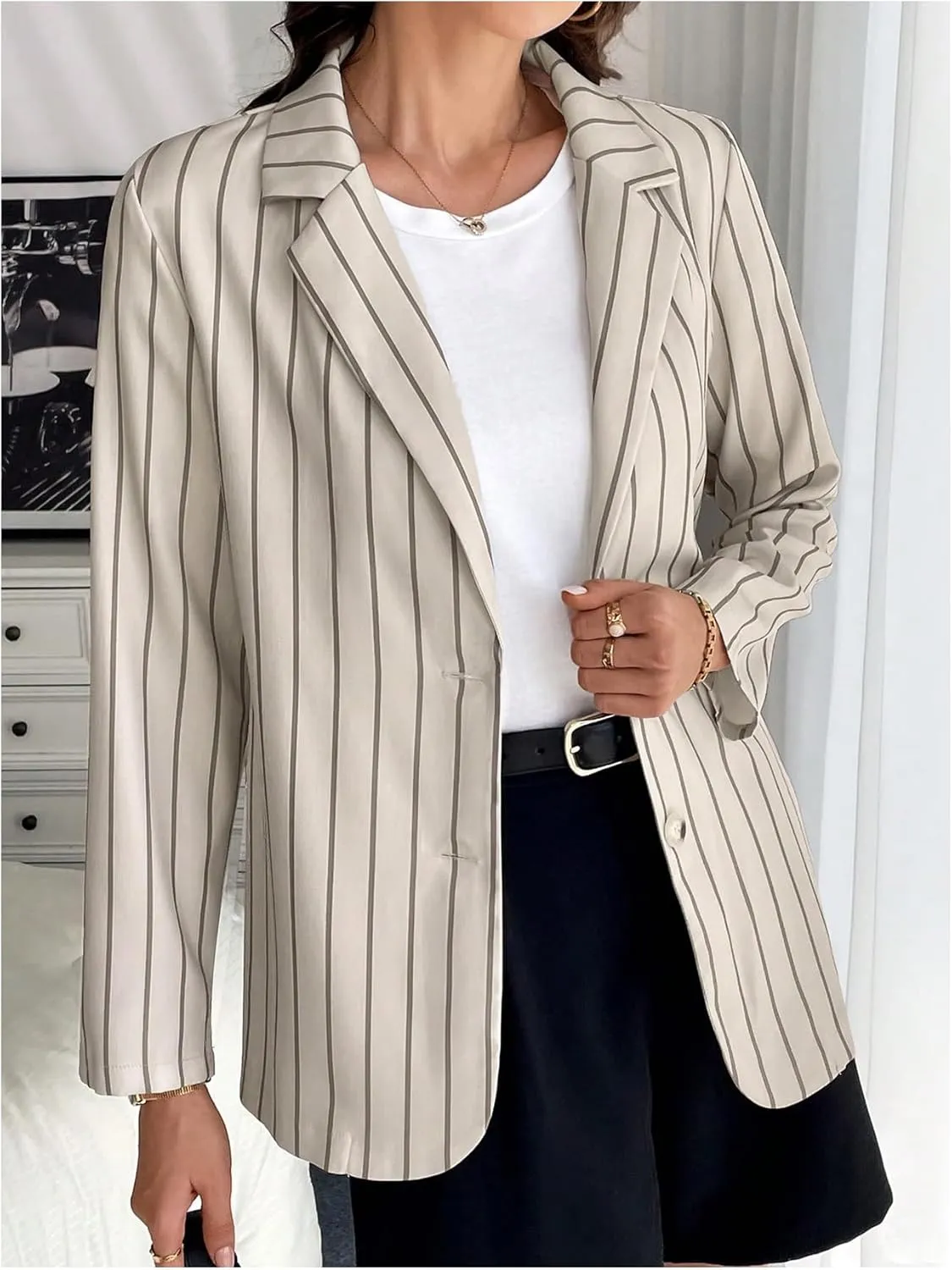 MakeMeChic Women's Striped Print Lapel Button Long Sleeve Office Blazers Jacket