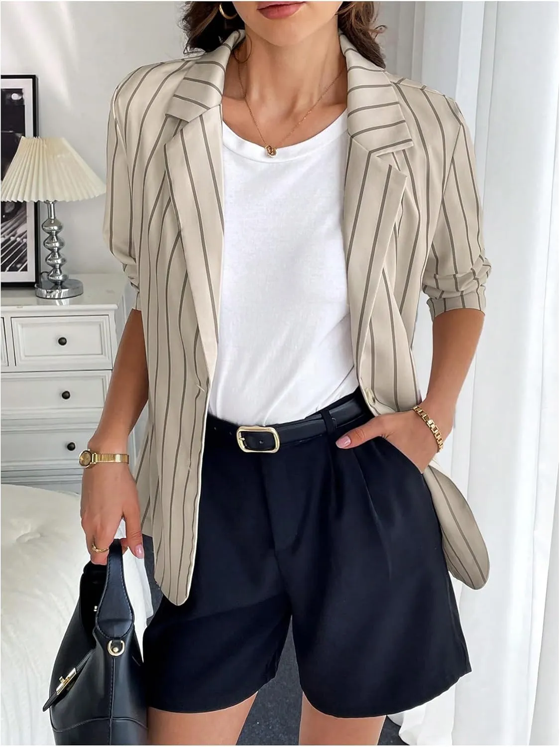 MakeMeChic Women's Striped Print Lapel Button Long Sleeve Office Blazers Jacket