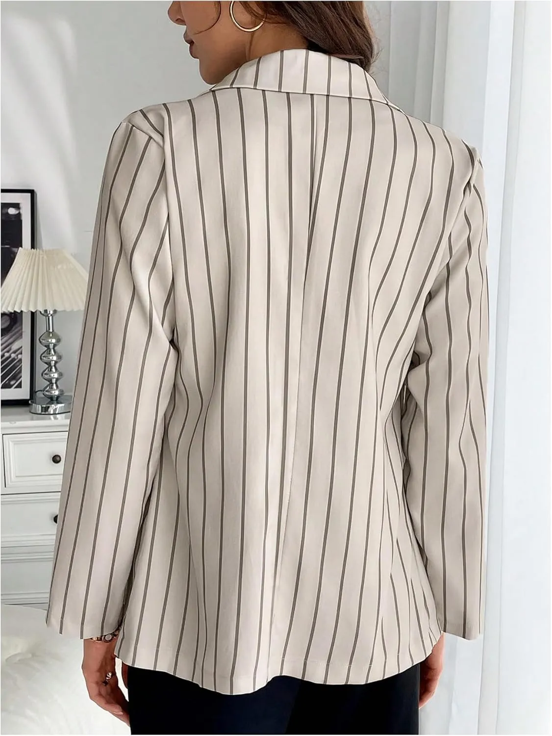 MakeMeChic Women's Striped Print Lapel Button Long Sleeve Office Blazers Jacket