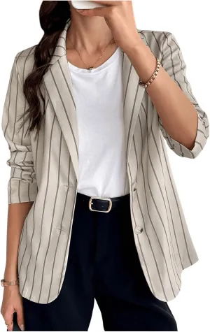 MakeMeChic Women's Striped Print Lapel Button Long Sleeve Office Blazers Jacket