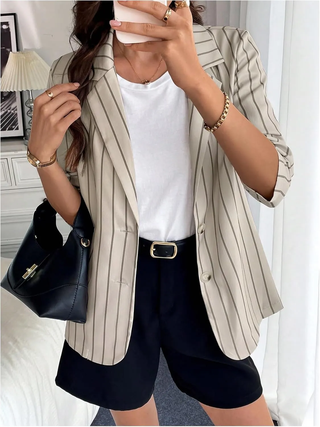 MakeMeChic Women's Striped Print Lapel Button Long Sleeve Office Blazers Jacket
