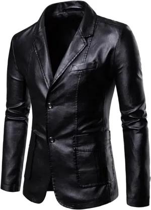 Men Blazer Moto Jacket Faux Leather Motorcycle Biker Jacket Coat Classic Buttoned Collar Keep Warm Winter Windbreaker