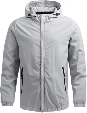 Men Lightweight Hooded Bomber Jacket Windbreaker Water-Resistant Ski Coat Baseball Raincoat Fleece Parka for Fishing Travel