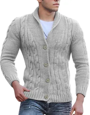 Mens Cable Knit Cardigan Sweater Shawl Loose Fit Long Sleeve Casual Cardigans Jacket Long for Men