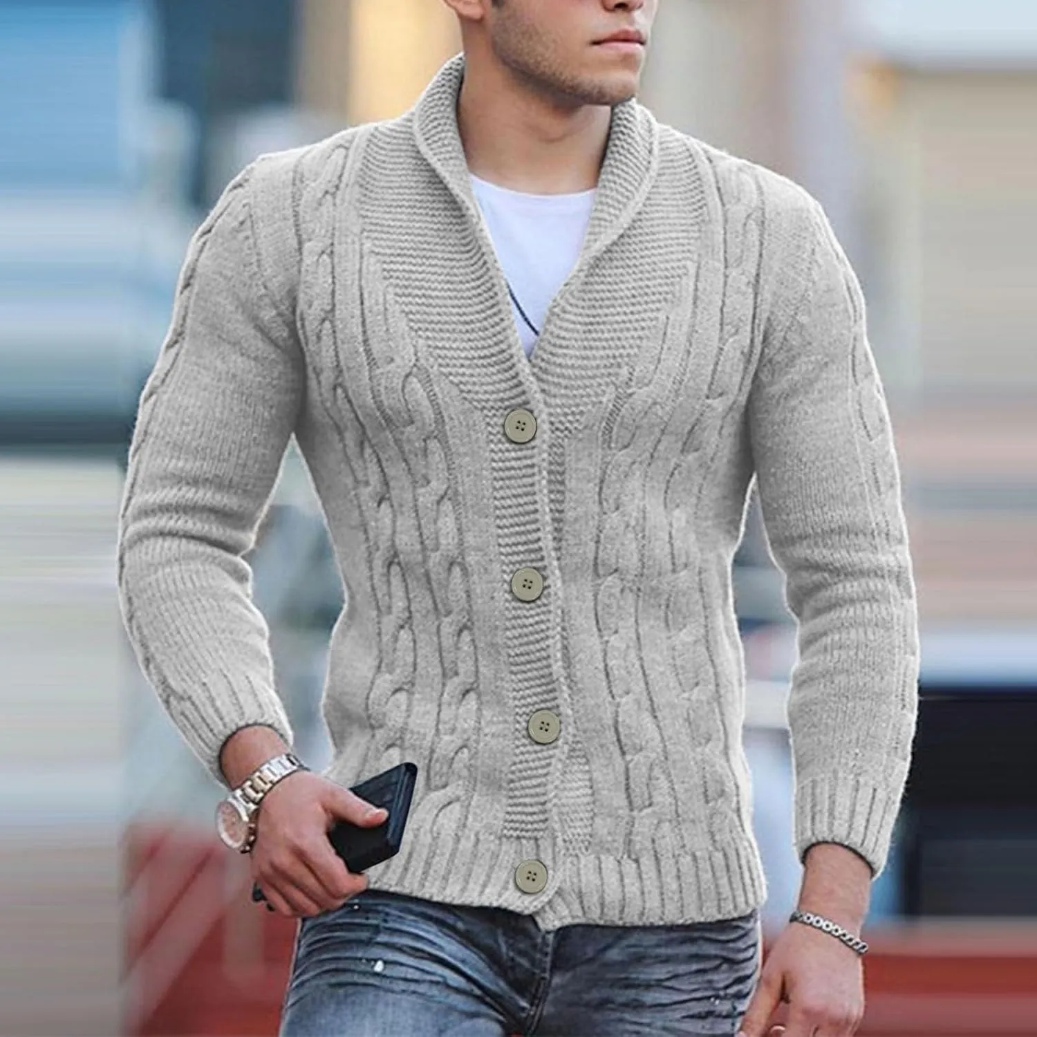 Mens Cable Knit Cardigan Sweater Shawl Loose Fit Long Sleeve Casual Cardigans Jacket Long for Men
