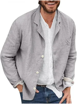 Men's Casual Suit Blazer Jackets Lightweight Linen Notched Collar Tailored Cardigan Tops Single-Breasted Sports Coats