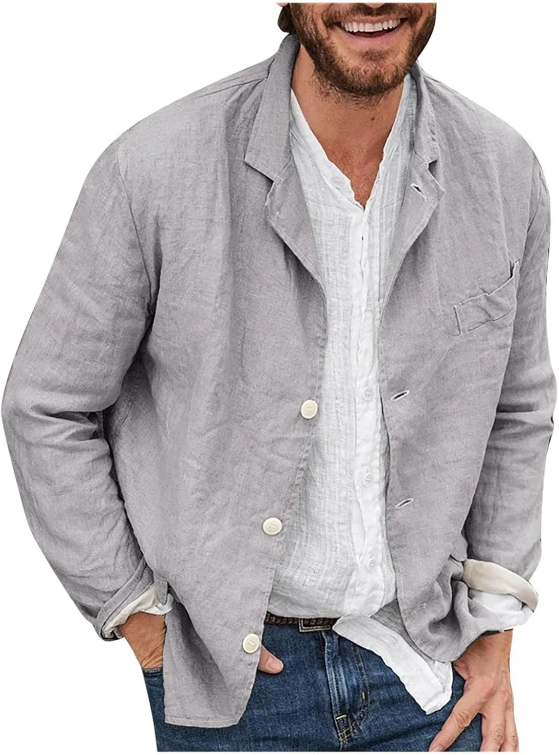 Men's Casual Suit Blazer Jackets Lightweight Linen Notched Collar Tailored Cardigan Tops Single-Breasted Sports Coats