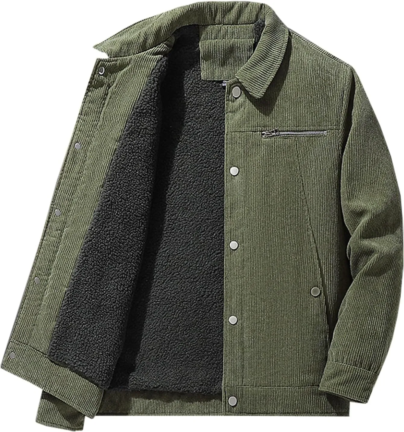 Men's Corduroy Fleece Cargo Jacket Winter Bomber Jacket Snap Button Lapel Sherpa Lined Trucker Cowboy Coat with Pocket