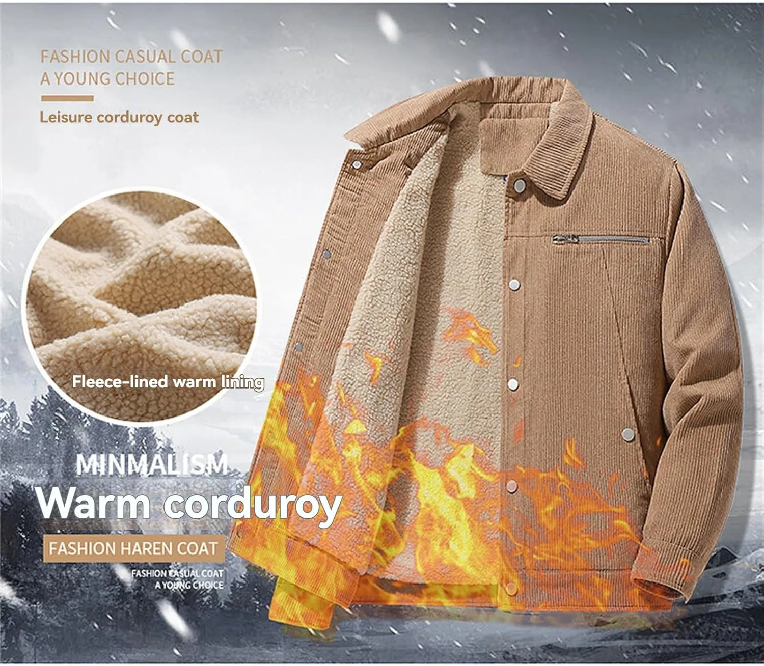 Men's Corduroy Fleece Cargo Jacket Winter Bomber Jacket Snap Button Lapel Sherpa Lined Trucker Cowboy Coat with Pocket