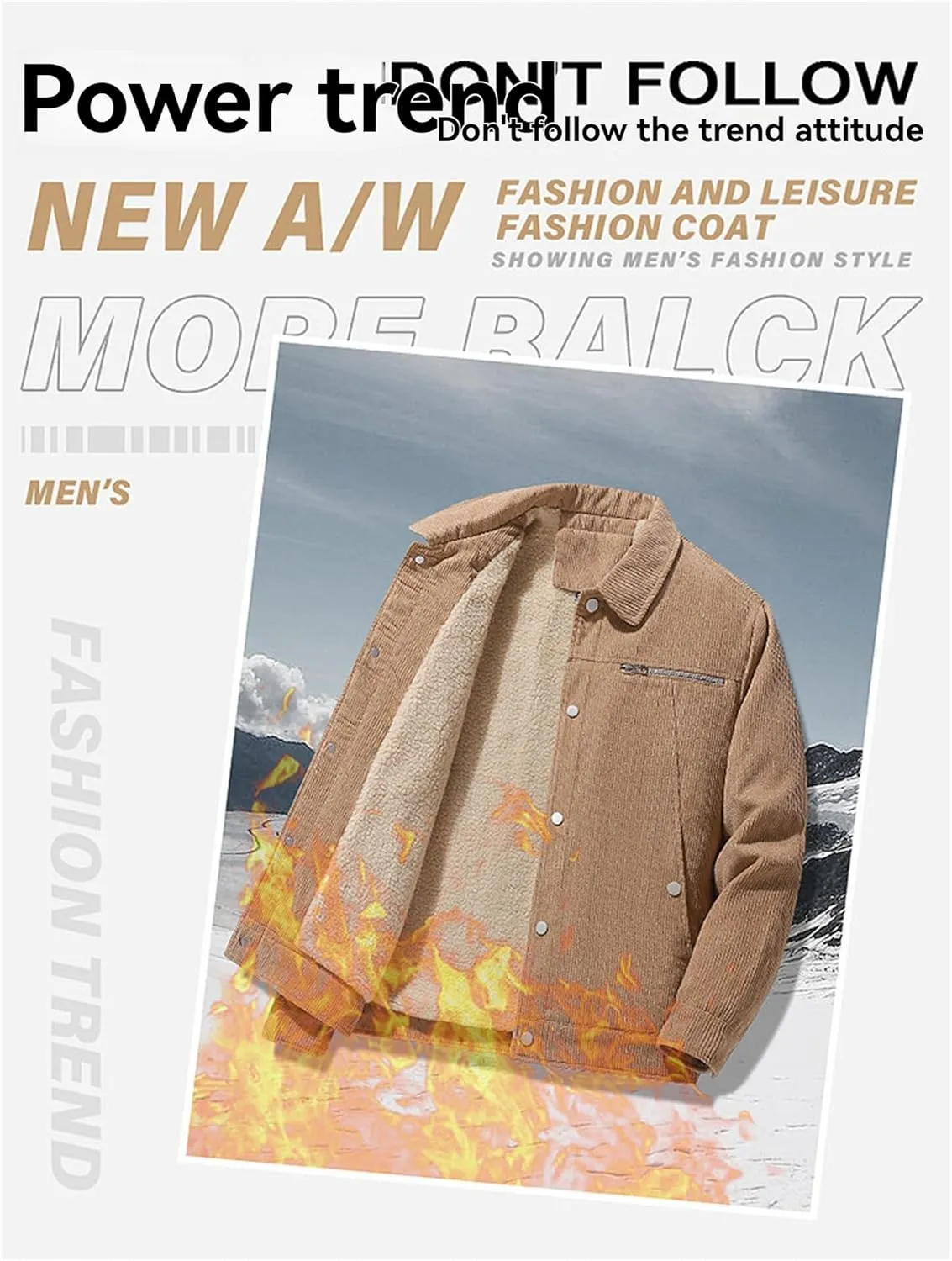Men's Corduroy Fleece Cargo Jacket Winter Bomber Jacket Snap Button Lapel Sherpa Lined Trucker Cowboy Coat with Pocket
