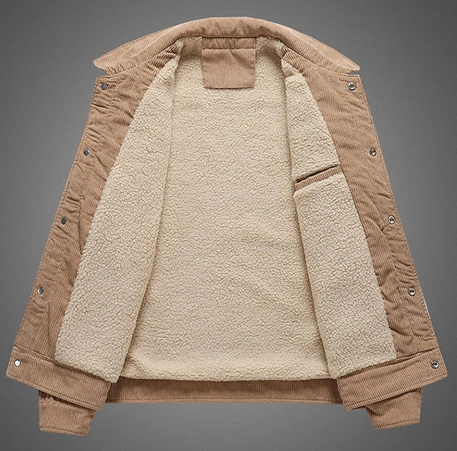 Men's Corduroy Fleece Cargo Jacket Winter Bomber Jacket Snap Button Lapel Sherpa Lined Trucker Cowboy Coat with Pocket