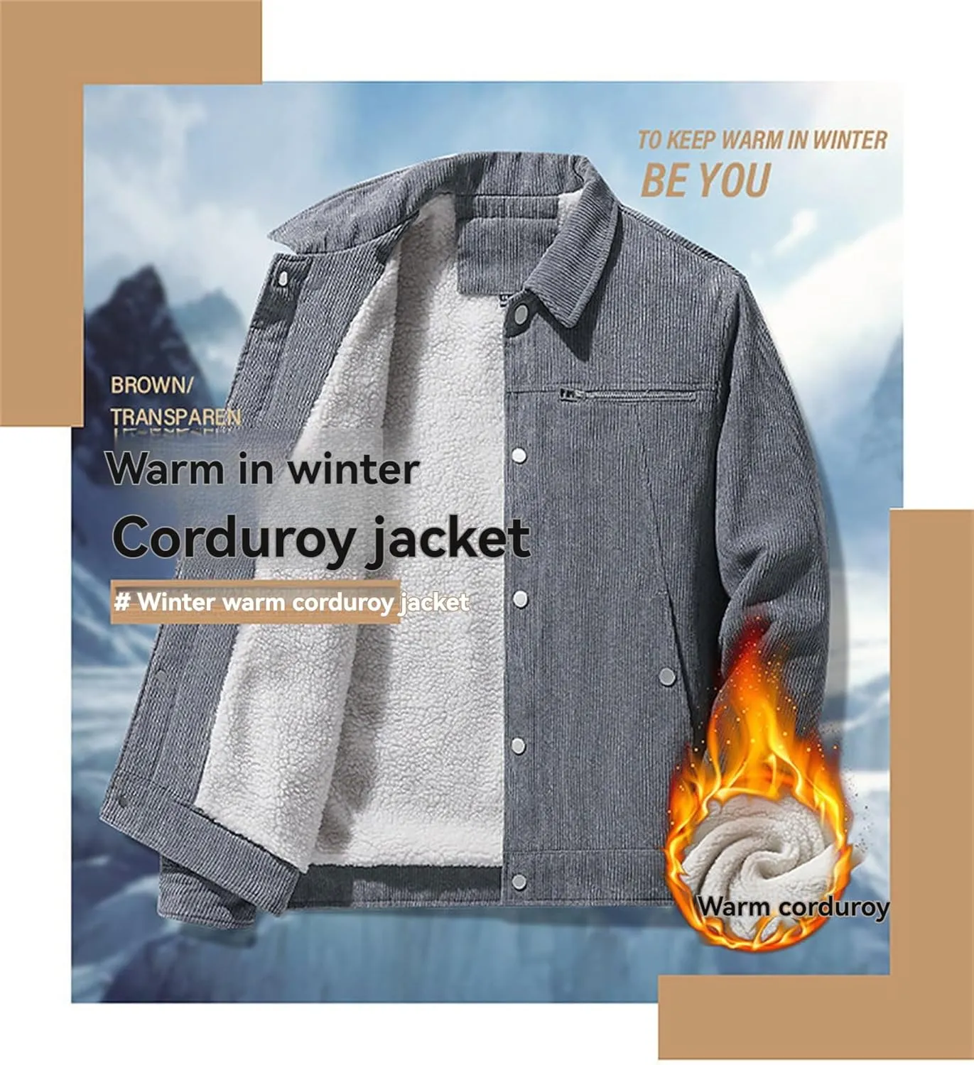 Men's Corduroy Fleece Cargo Jacket Winter Bomber Jacket Snap Button Lapel Sherpa Lined Trucker Cowboy Coat with Pocket
