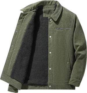 Men's Corduroy Fleece Cargo Jacket Winter Bomber Jacket Snap Button Lapel Sherpa Lined Trucker Cowboy Coat with Pocket
