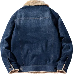 Mens Denim Jacket Lapel Sherpa Fleece Lined Coat Thicken Casual Stylish Warm Button Up Trucker Jean Jackets