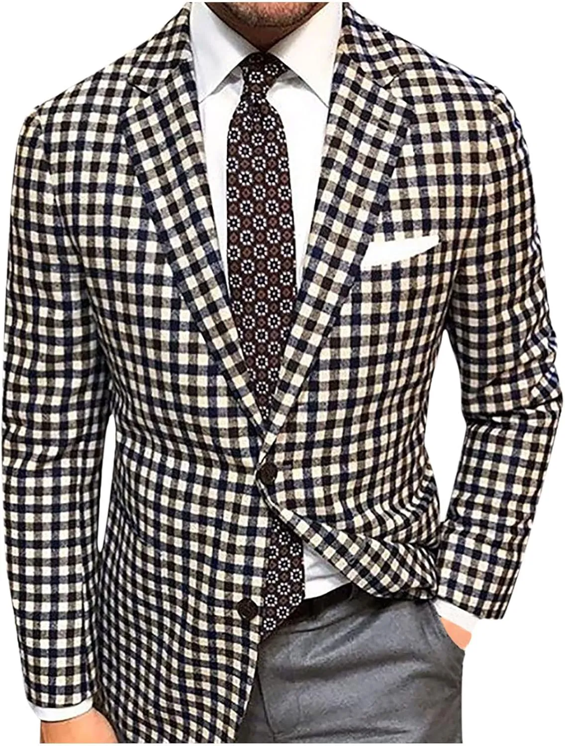 Men's Fashion Slim Fit Casual Plaid Button Down Notched Lapel Suit Jacket Blazer Dinner Party Prom Wedding Tuxedo