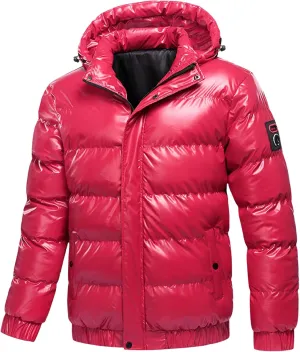Men's Faux Fur Trimmed Puffer Coat Reflective Shiny Hood Plus Size Bomber Alternative Down Jacket for Stylish Comfort