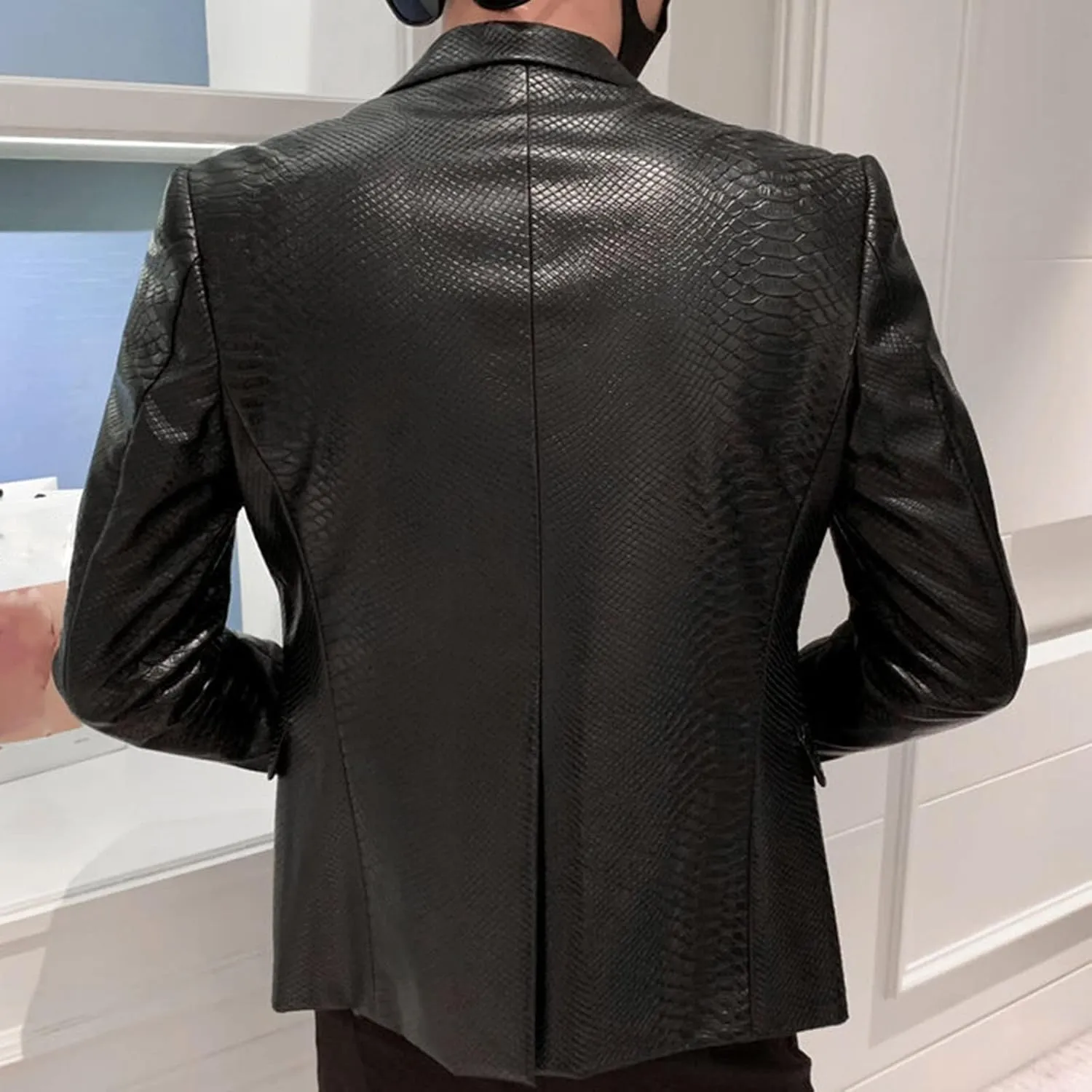Men's Faux Leather Suit Jacket Snake Pattern Blazer Casual Plus Size Black Jacket 1 Button Notched Lapel Slim Fit Suit