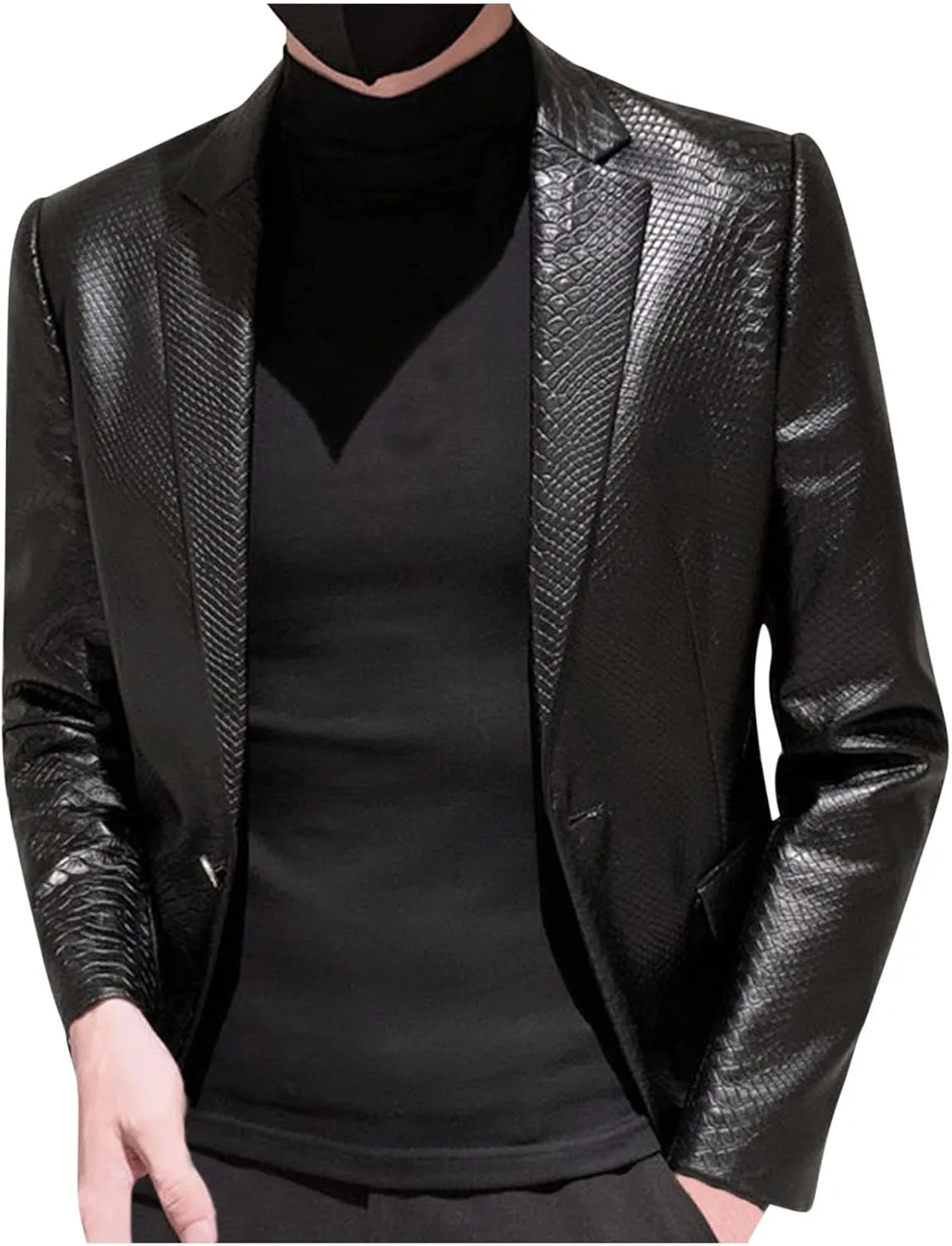 Men's Faux Leather Suit Jacket Snake Pattern Blazer Casual Plus Size Black Jacket 1 Button Notched Lapel Slim Fit Suit