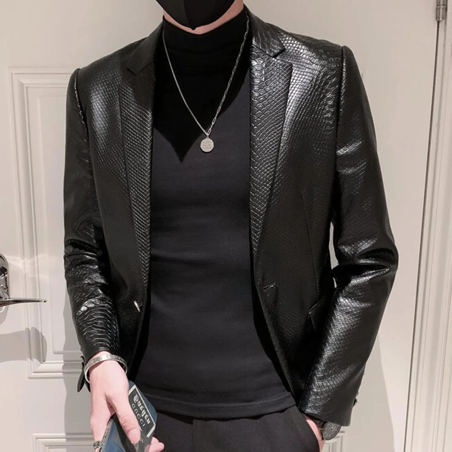 Men's Faux Leather Suit Jacket Snake Pattern Blazer Casual Plus Size Black Jacket 1 Button Notched Lapel Slim Fit Suit
