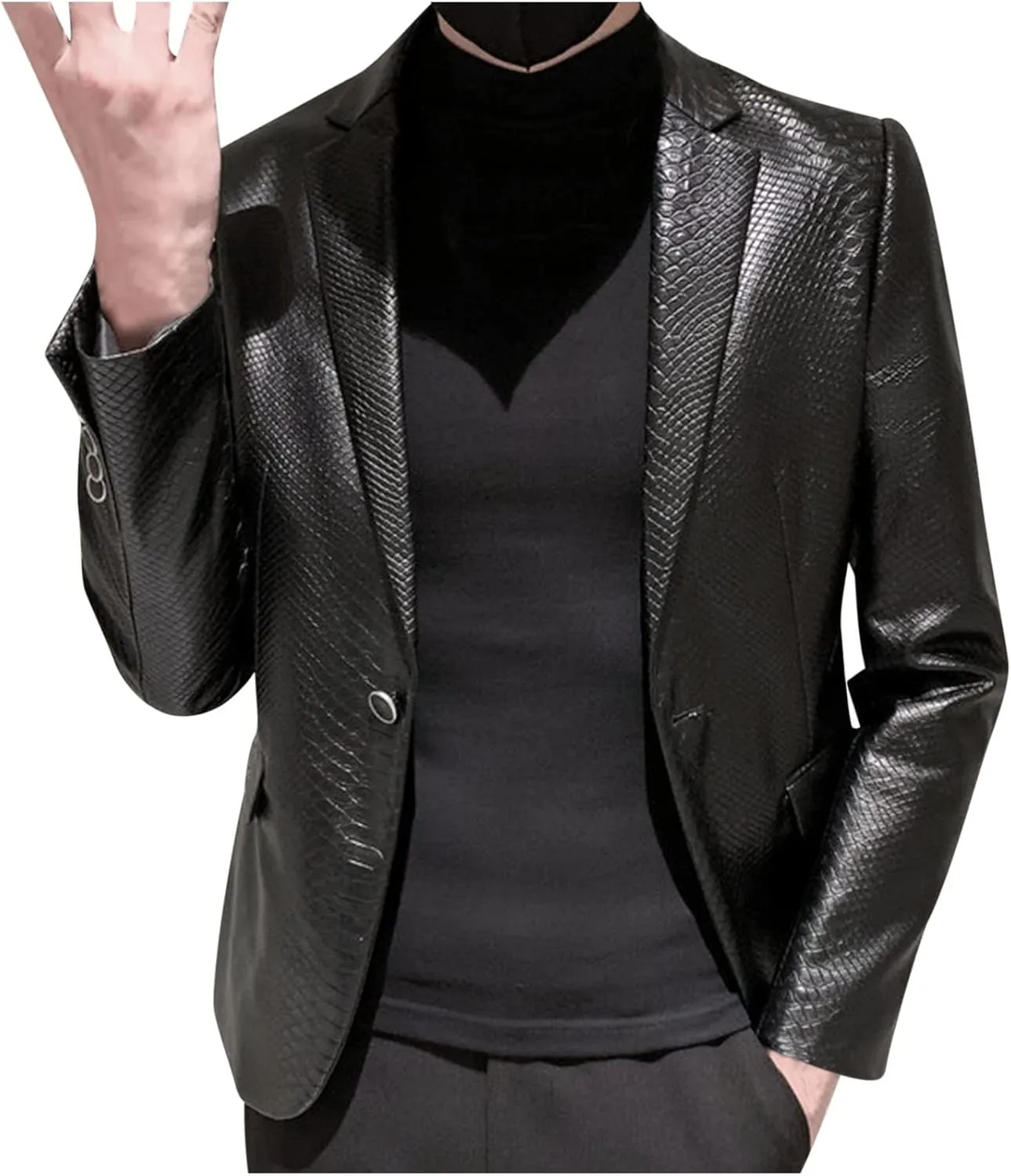 Men's Faux Leather Suit Jacket Snake Pattern Blazer Casual Plus Size Black Jacket 1 Button Notched Lapel Slim Fit Suit