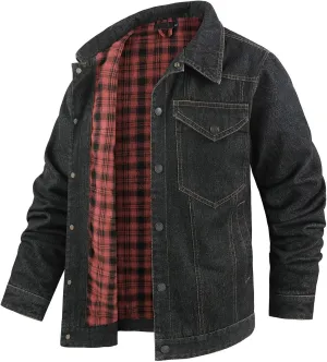 Mens Flannel Lined Denim Jacket Cowboy Cut with Snap Buttons Western Classic, Heavy Duty Trucker Coat, Slim Fit