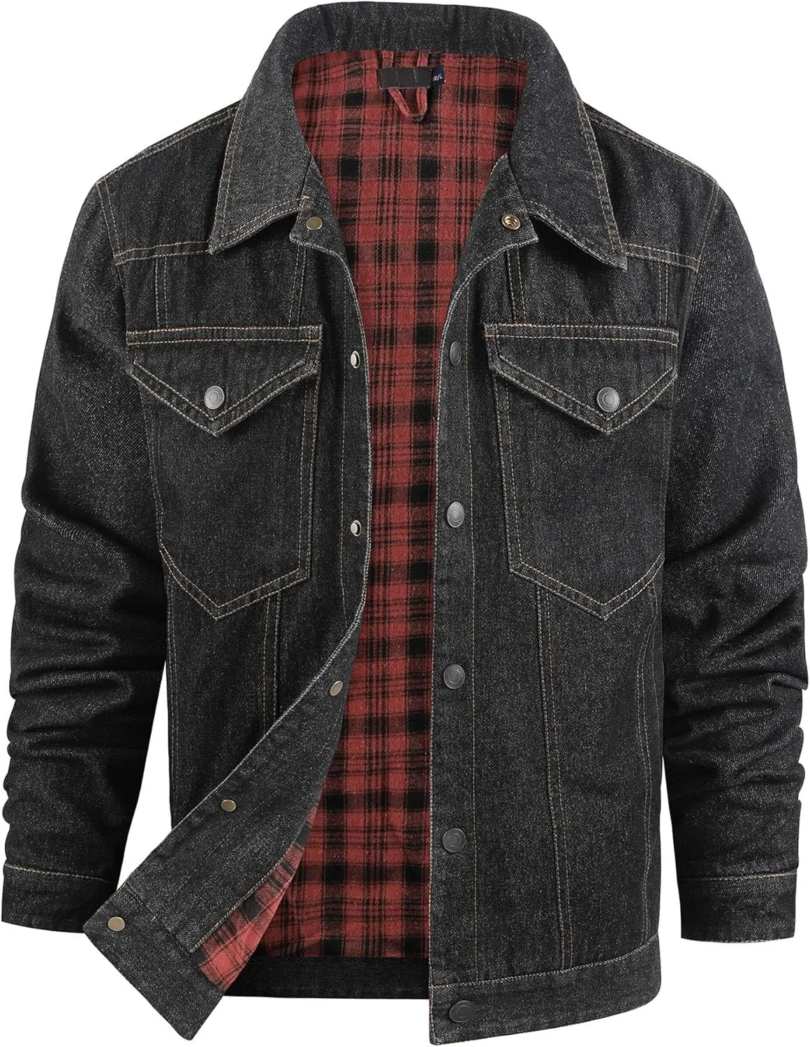 Mens Flannel Lined Denim Jacket Cowboy Cut with Snap Buttons Western Classic, Heavy Duty Trucker Coat, Slim Fit