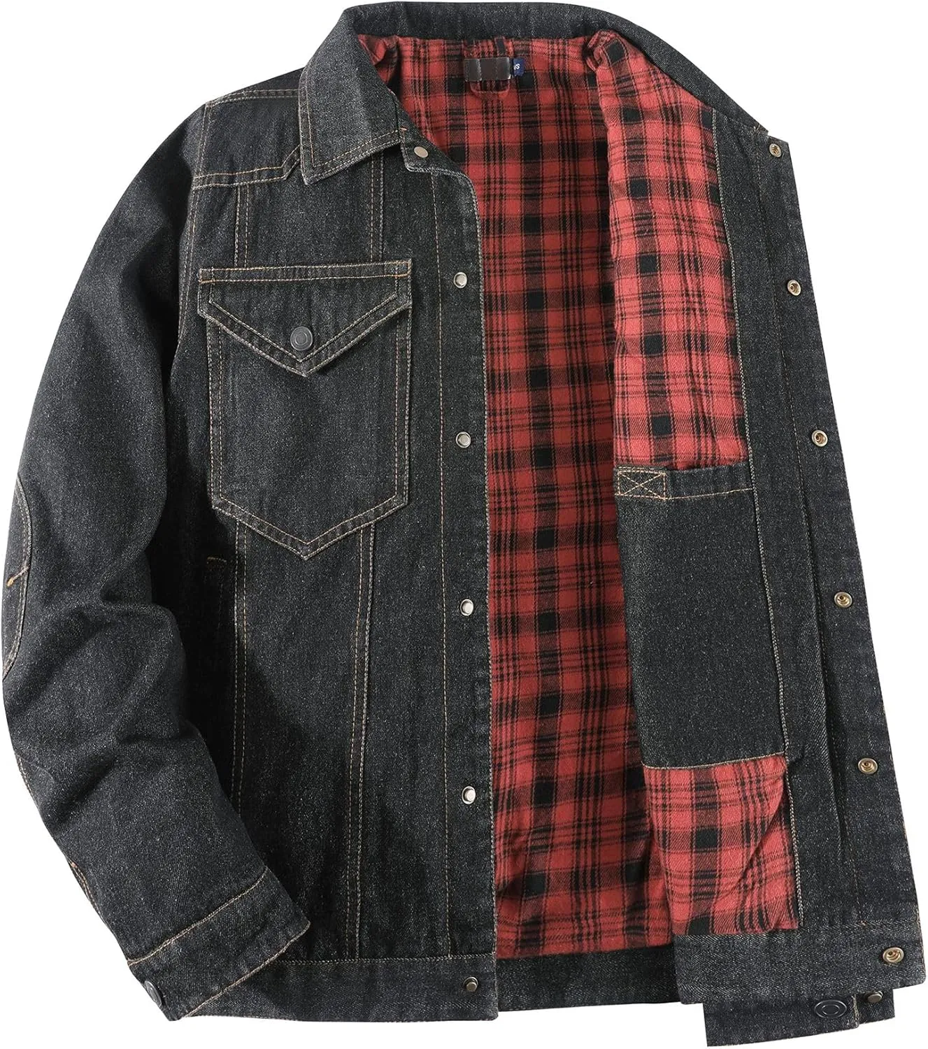 Mens Flannel Lined Denim Jacket Cowboy Cut with Snap Buttons Western Classic, Heavy Duty Trucker Coat, Slim Fit