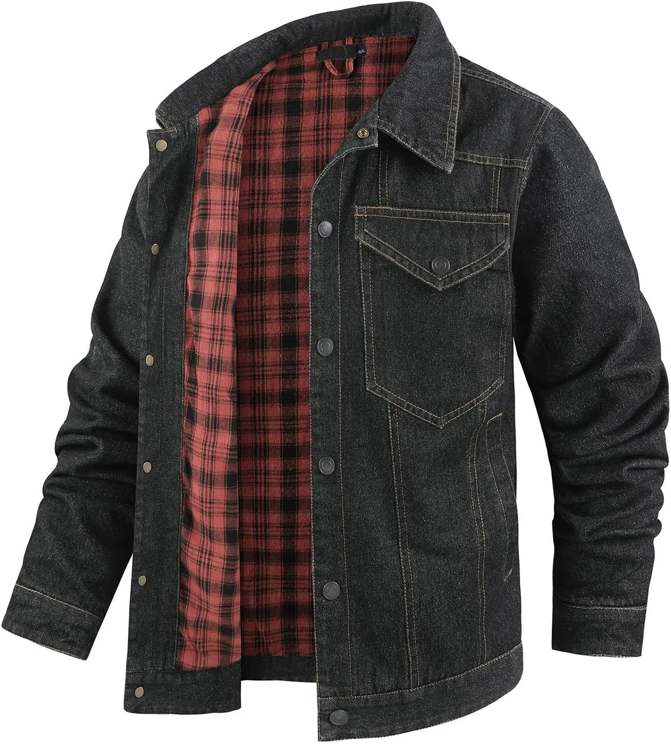 Mens Flannel Lined Denim Jacket Cowboy Cut with Snap Buttons Western Classic, Heavy Duty Trucker Coat, Slim Fit