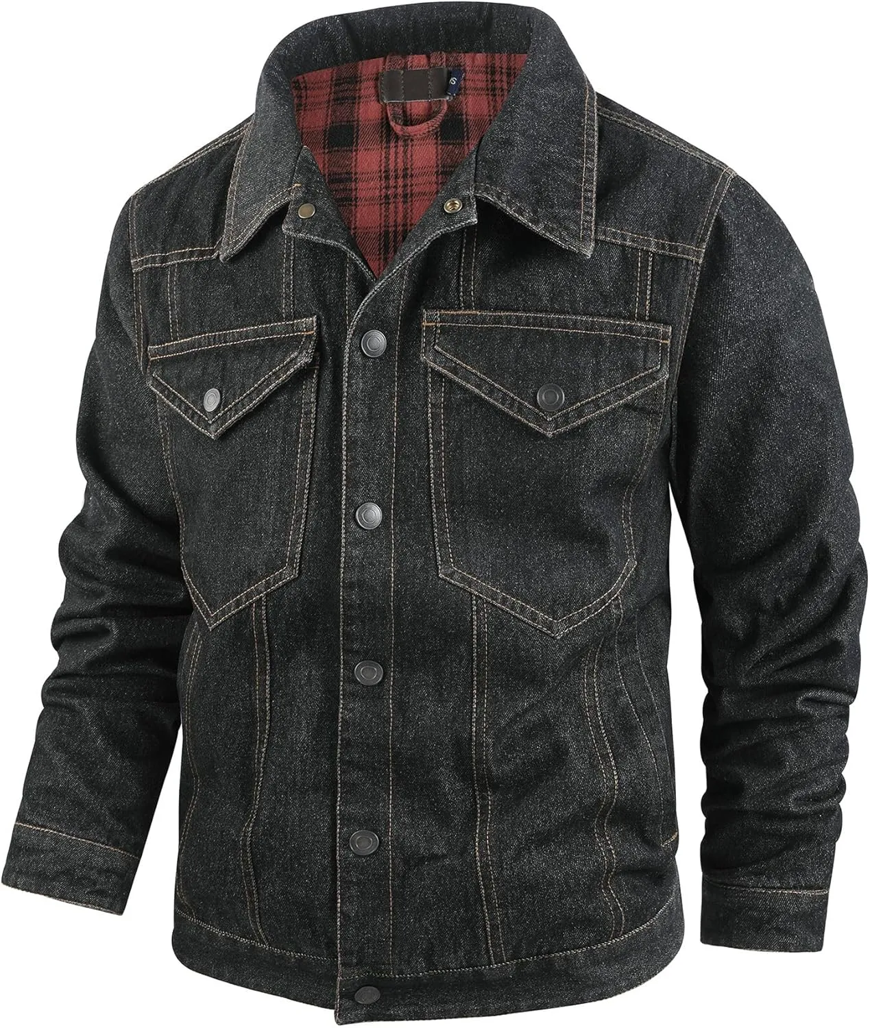 Mens Flannel Lined Denim Jacket Cowboy Cut with Snap Buttons Western Classic, Heavy Duty Trucker Coat, Slim Fit
