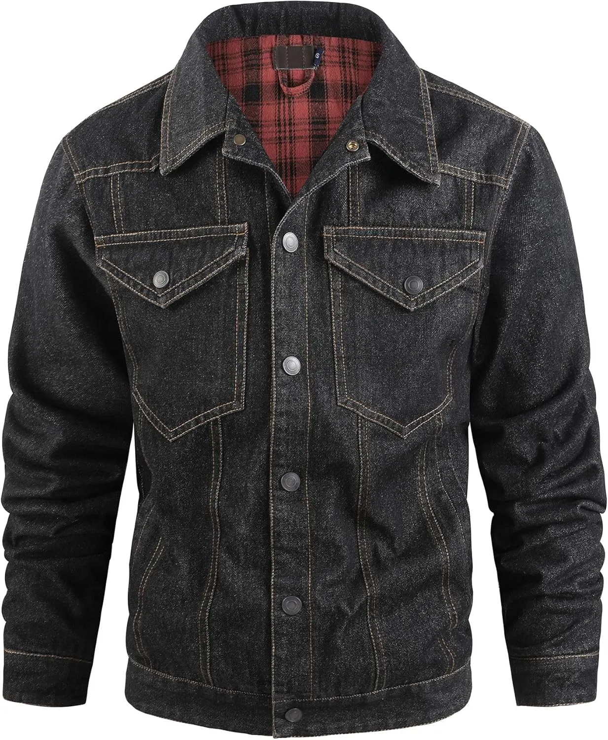 Mens Flannel Lined Denim Jacket Cowboy Cut with Snap Buttons Western Classic, Heavy Duty Trucker Coat, Slim Fit