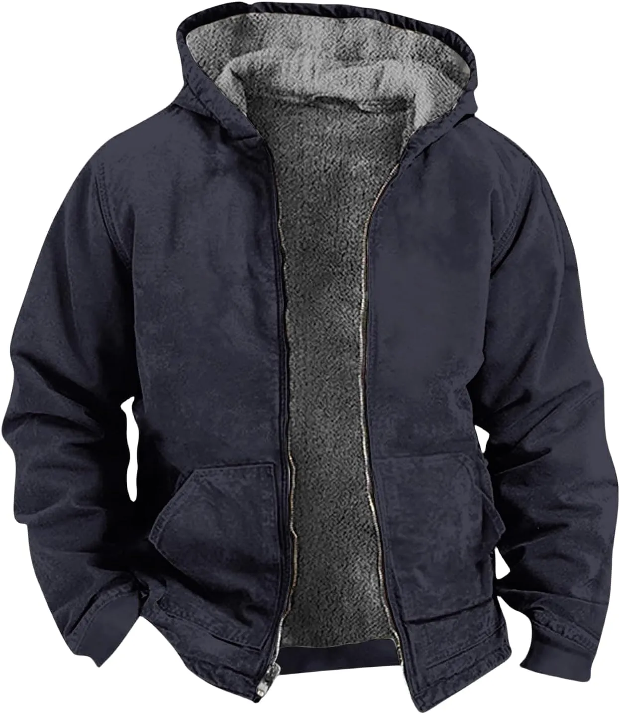 Mens Fleece Lined Jacket Oversized Hoodies Casual Sherpa Jackets Outdoor Hooded Coat Winter Warm Coats Zip Outwears