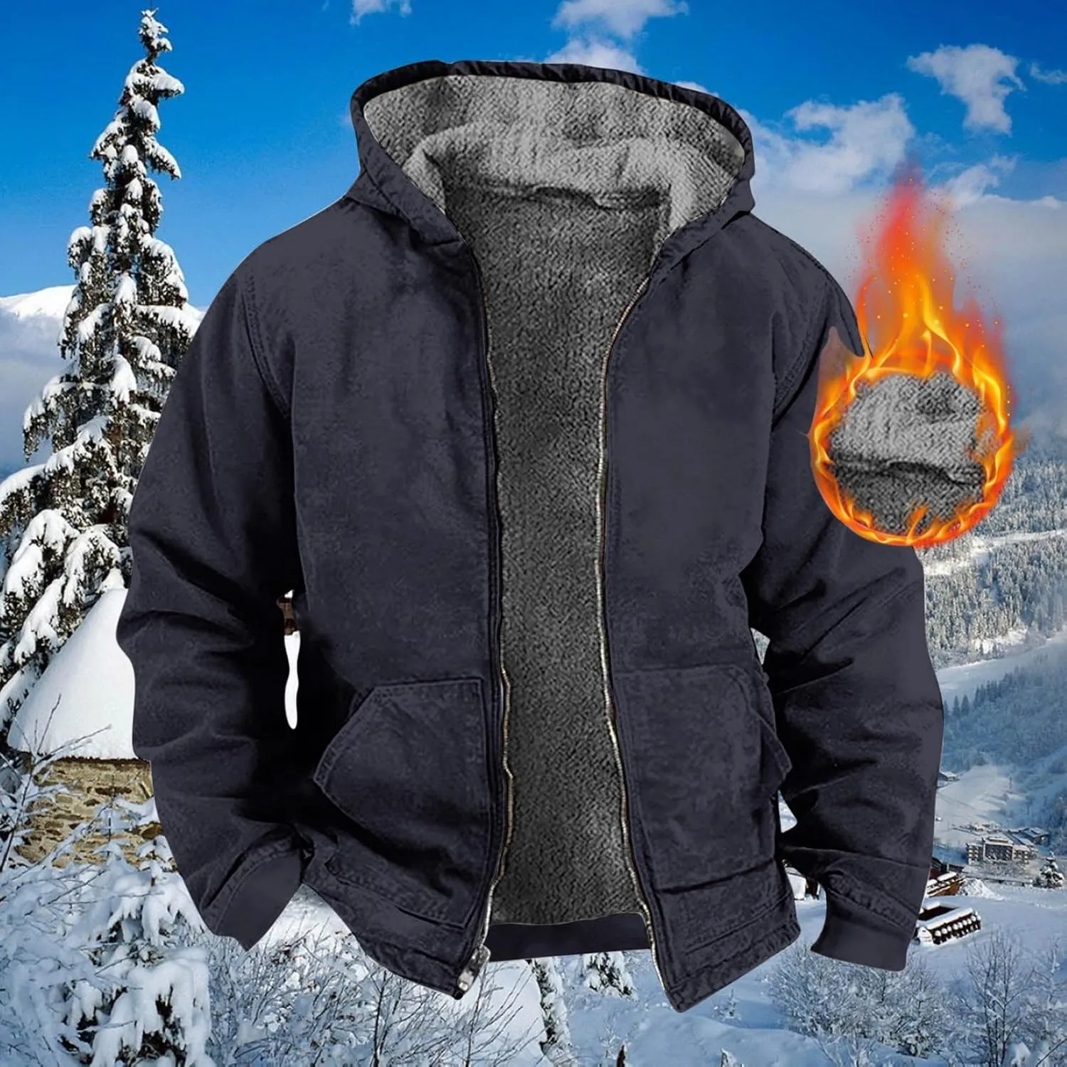 Mens Fleece Lined Jacket Oversized Hoodies Casual Sherpa Jackets Outdoor Hooded Coat Winter Warm Coats Zip Outwears
